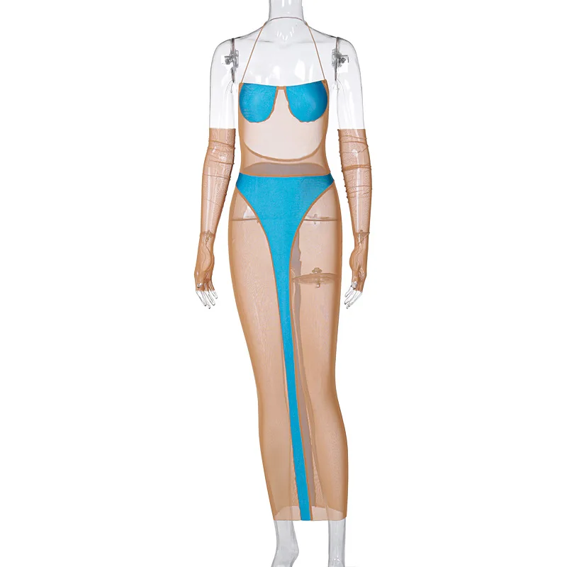 

2021 European and American style mesh stitching halterneck dress new sexy see-through temperament skirt