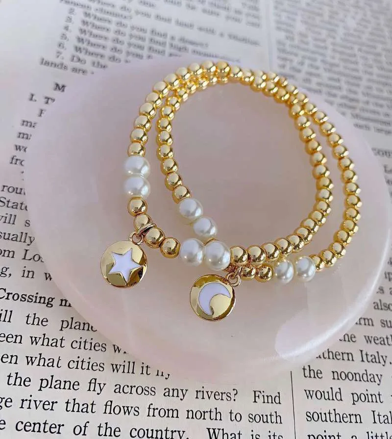 

5PCS, Fashion Gold Color Copper and Pearl Beads Star Moon Charms Beaded Bracelets for Women Charm Party Jewelry Gift