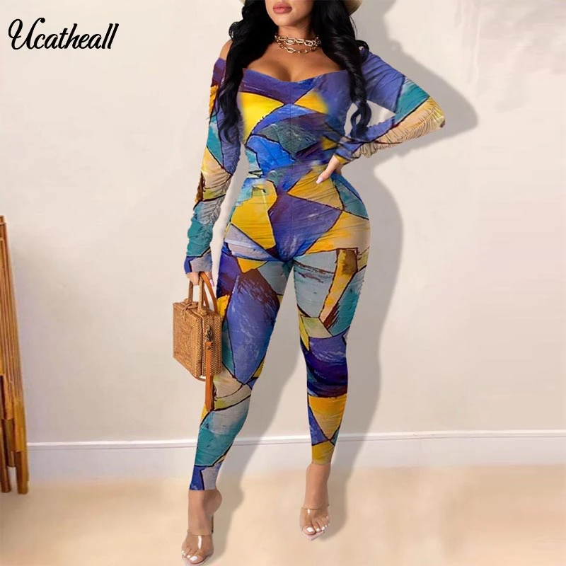 

New Autumn Women Playsuit Outfit Elegant Print Off Shoulder Long Sleeve Bodycon Jumpsuit Sexy Club Party Romper