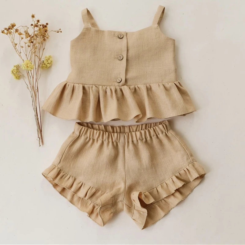 

Baby Grils Summer Solid Sets 2Pcs Casual Outfit Kids Girls Linen Dress Shorts Infant Clothing Newborn Pleated Skirt Clothes Sets