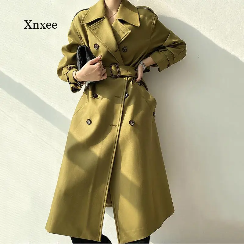 

Женский Длинный тренчкот с отложным воротником, зеленая свободная винтажная ветровка большого размера с длинным рукавом, весна-осень