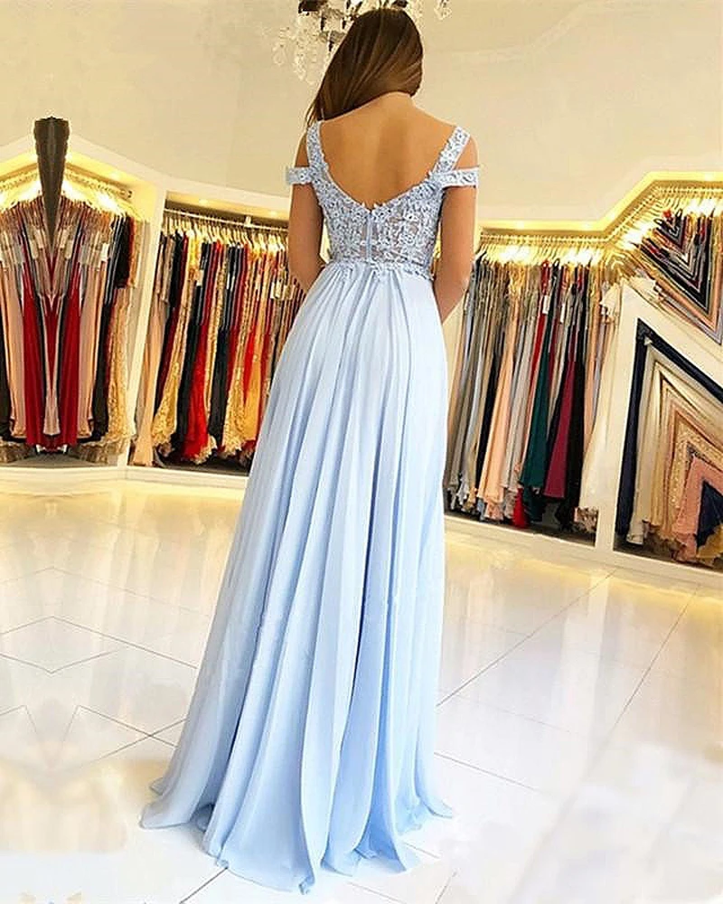 

Sky Blue Bridesmaid Dresses Side Split Off Shoulder Lace Appliques Prom Party Gowns Wedding Guest Maid Of Honor Dresses New