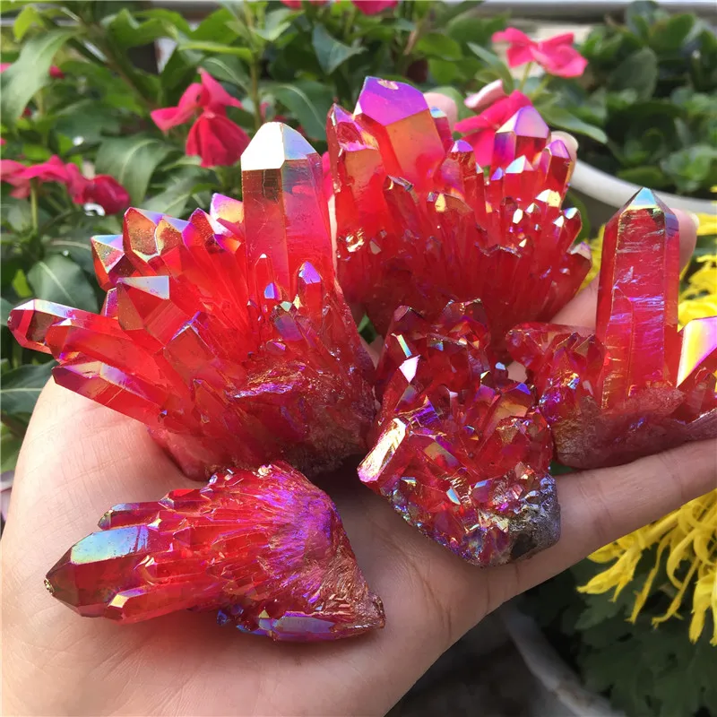 red 1pcs Natural crystal quartz Rare beautiful flame aura quartz crystal cluster Ore Mineral Healing Specimens Random delivery - Цвет: red