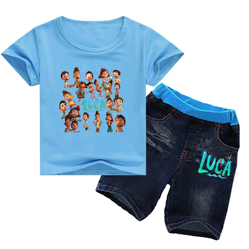 

2021 Hot Summer Boys Cartoon Clothes Sets Kids Short Sleeve T-shirt Denim Shorts 2pcs Set Children's Clothing Baby Girls Outfits