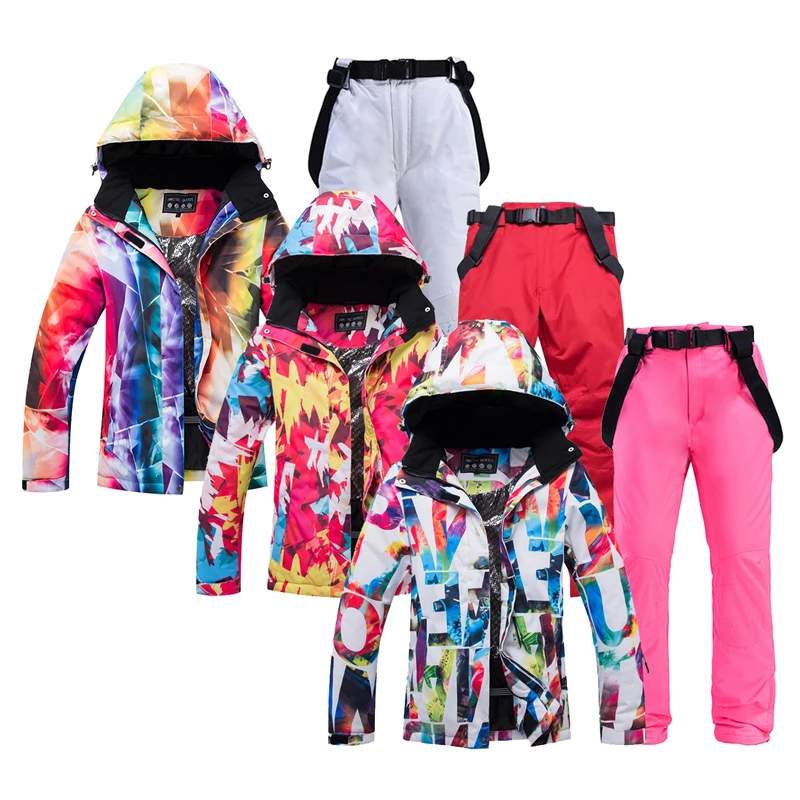 Cheap Colorful Women's Snow Suit Sets Snowboarding Clothing Waterproof Winter Outdoor Costume Ski Wear Jacket and Pant Girl's