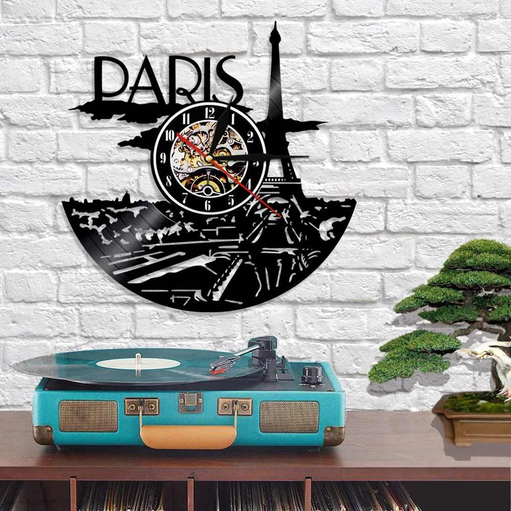 Французский Париж Эйфелева башня ретро виниловая пластина настенные часы