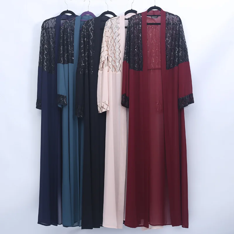 latest Dubai long-sleeved dress Muslim party Abaya ladies Arabian lace cardigan patchwork Turkish Islamic prayer gown robe