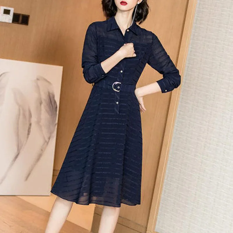 Элегантные женские полосатые платья на пуговицах повседневные с длинным рукавом