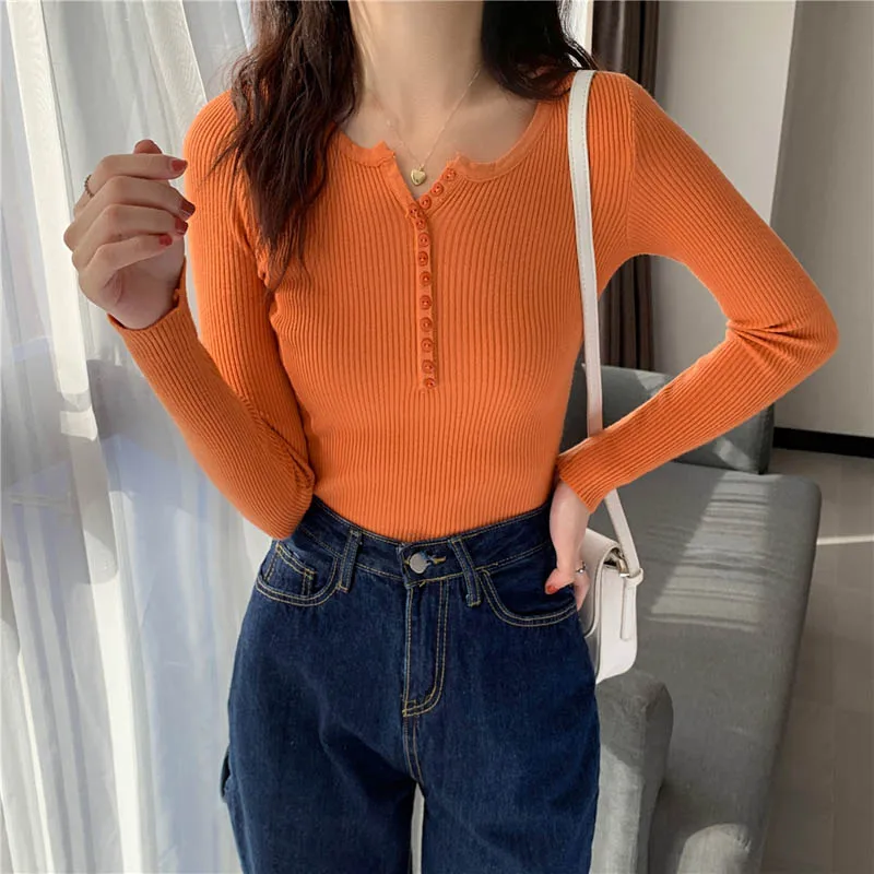 

Women's Korean Fashion Long Sleeve Casual Pullovers Chic Knitted Sweaters Women Jumpers Pull Femme 2021 Autumn Winter Bottom Top