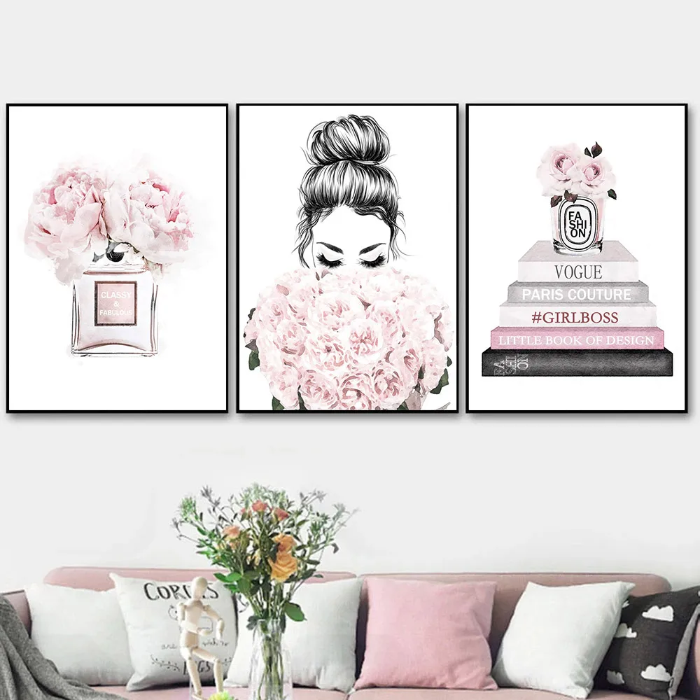 

Peony Perfume Bottle Poster Vogue Book Canvas Painting Fashion Print Pink Flower Girl Wall Art Pictures Living Room Home Decor
