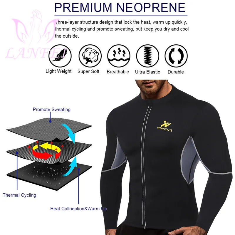LANFEI Men Weight Loss Shirt Workout Neoprene Waist Trainer Body Shaper Tank Top Sweat Sauna Suit Exercise Fitness Long Sleeve
