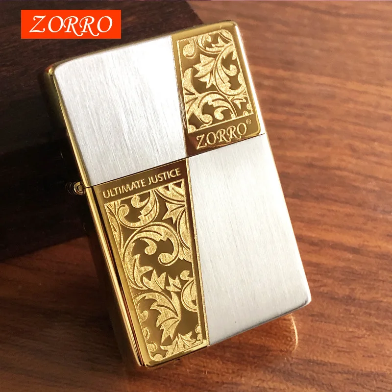 

Zorro Brass Kerosene Windproof Lighter Personality Creative Color Separation Metal Lighters Classic Kerosene Machine Mens Gift