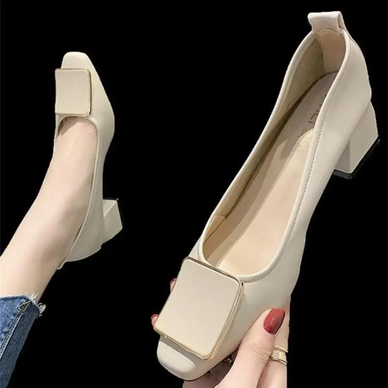 

Women's Pumps Shoes New Spring 2021 Thick Heel Square Toe Office Lady Shallow Single Shoe Slip-on Genuine Leather Brand Sandals