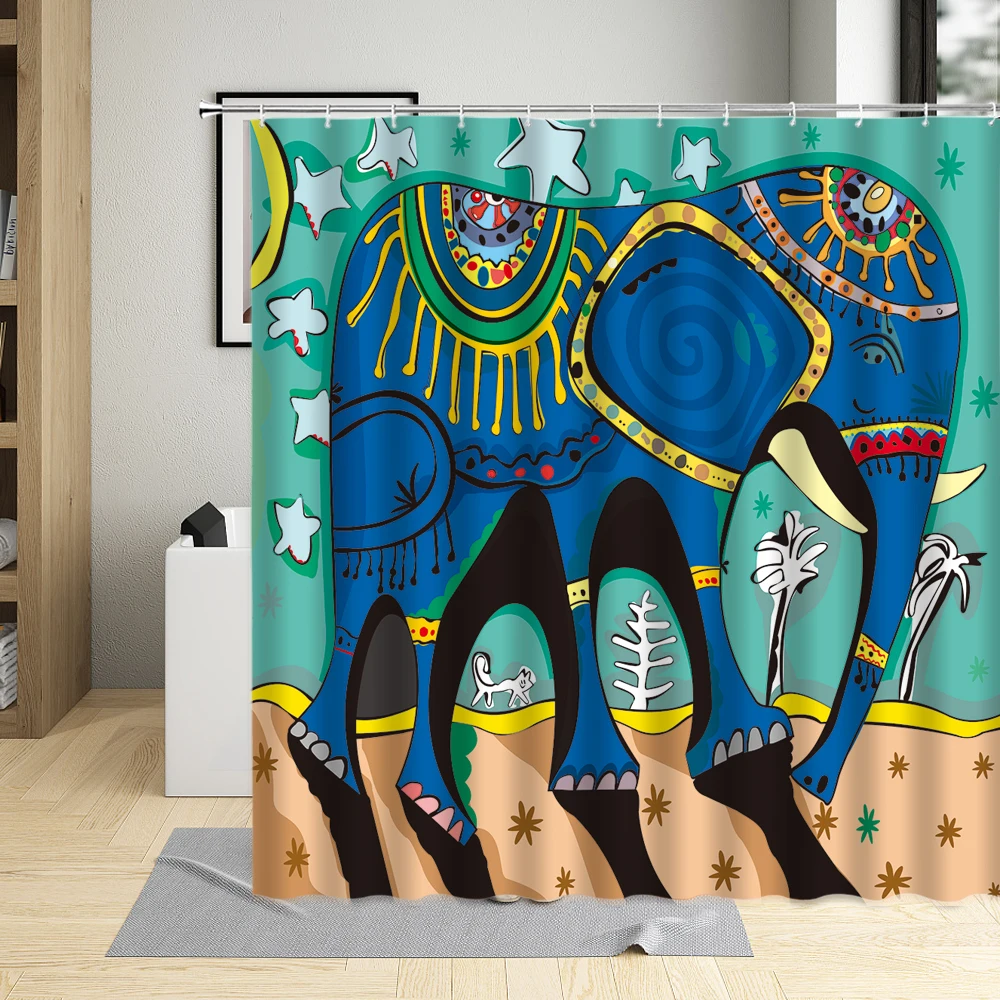 

Ethnic Style Elephant Animal Printing Exotic Decor Shower Curtain Waterproof Polyester Fabric Bathroom Curtains With 12 Hooks