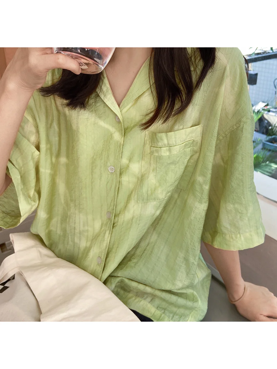 Green Shirt Pomelo Tie Dyed Women's Loose V-neck Short Sleeve Top | Женская одежда