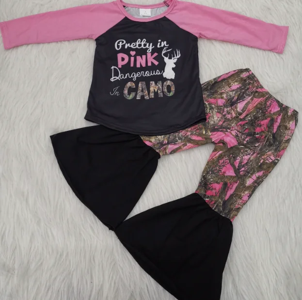 

New Design Cute Girls Pink Long Sleeve Shirt With Bell Camo Pants Boutique Outfit