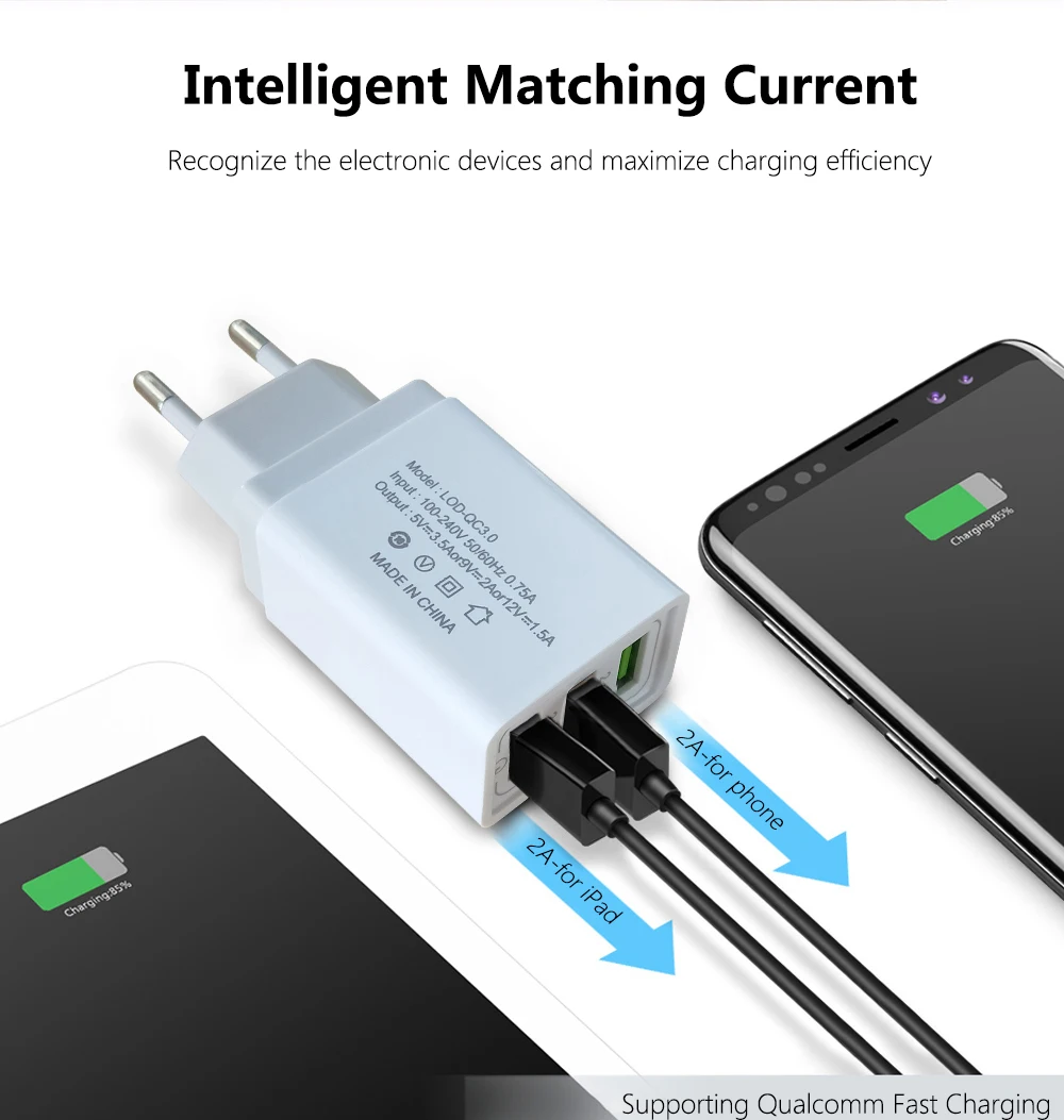 FBYEG зарядное устройство для мобильного телефона, тройное USB зарядное устройство, штепсельная вилка европейского стандарта, быстрая зарядка для iPhone, samsung, Xiaomi, huawei