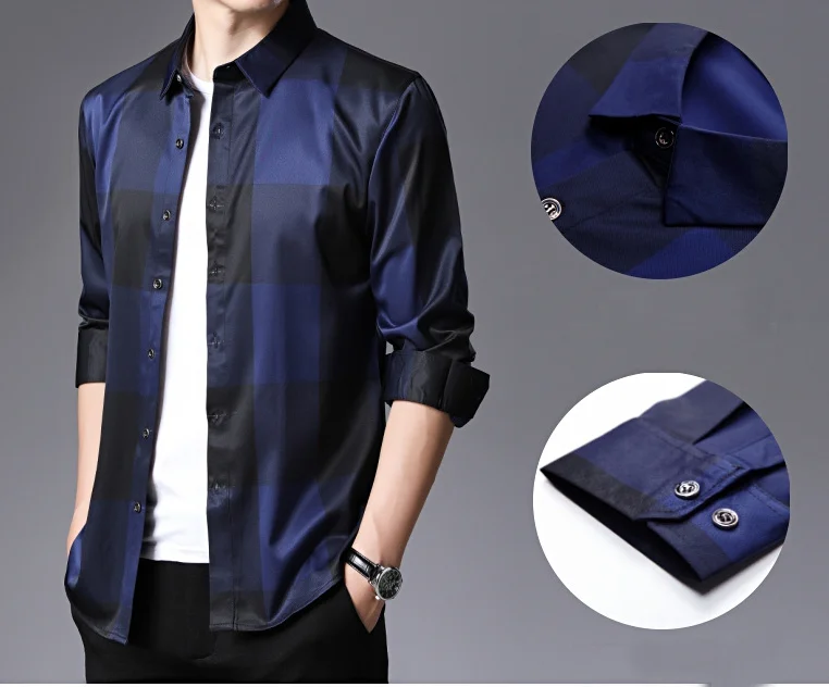

Mens Business Casual Shirt Spring Autumn New Fashion Lapel Men's Shirts New Arrived Plus Size Slim Wild Long Sleeve Plaid Shirt