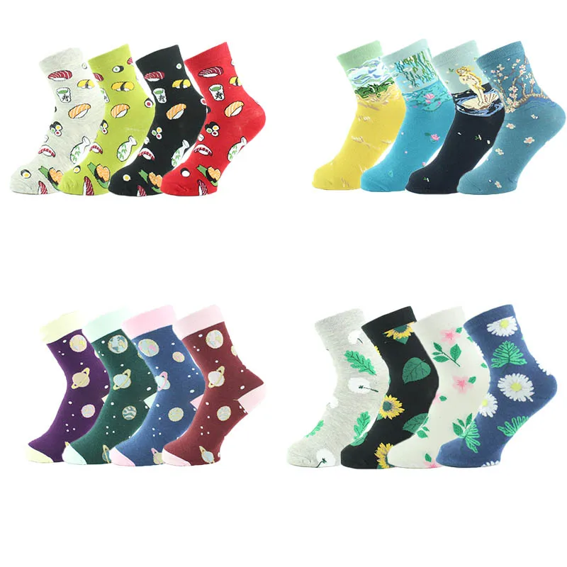 Korean Style Women Socks Lot Combed Cotton Lovely Cartoon Creative Fruit Pizza Burgers Planet Happy Funny Calcetines Mujer | Женская