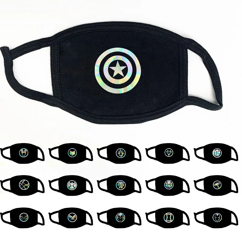 

5Pcs Black Cotton Laser Colorful Print Face Shield Mask Solid Color Avengers Style Life Masque Warm Fashion Anime Face Mask