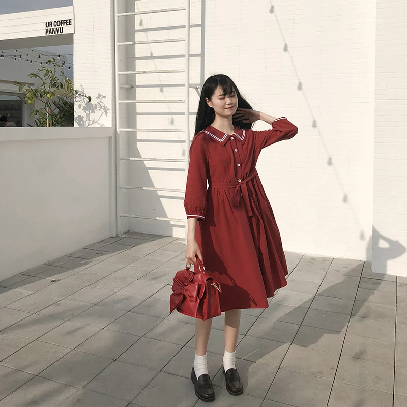 

Japanese Spring Summer Women Vintage Princess Lolita Dress Student Sailor Collar Preppy Style Girls Cute Waist Bandage Dresses
