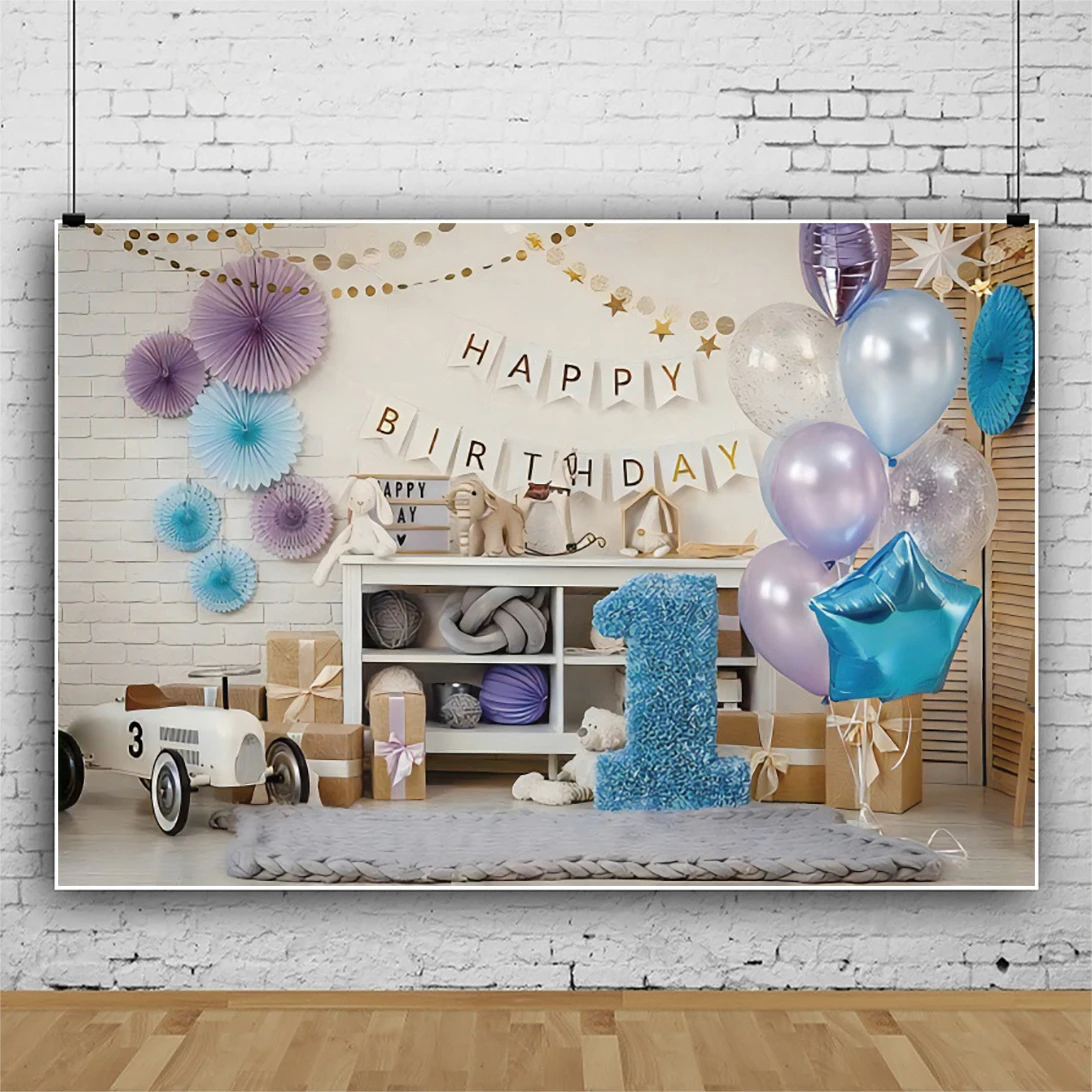 

Laeacco Child 1st Birthday Party Baby Photography Background Balloon Toys Pattern Poster Family Photocall Photo Backdrop Banner