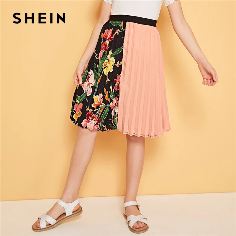 SHEIN/Повседневная плиссированная юбка с вырезами и вышитым растительным принтом для девочек детская одежда г. Весенняя элегантная длинная юбка с цветочным рисунком в Корейском стиле