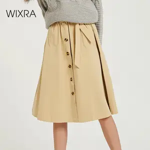 осень лето тренд 2019 wixra модная одежда классические свободные женская мастхэв стильная повседневные гардероб сплошной миди до колен юбка хлопковая пуговицы резинка высокая талия посадка карманы бежевый цвет
