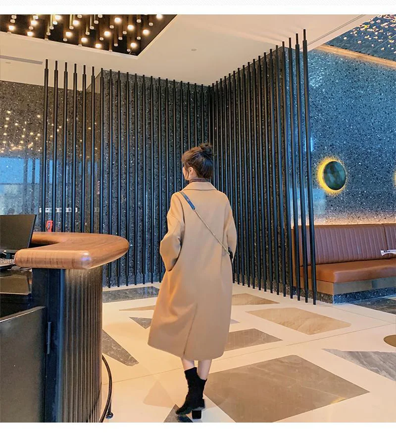

Women's winter coat double-breasted black woolen coat women's mid-length temperament loose over the knee thick woolen suit jacke