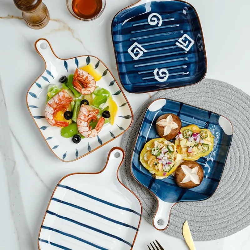 

Ceramic Baking Tray with Handle Bake Pan Creative Dish Rice Steak Dinner Plate Snack Bread Dessert Tray Tableware for Kitchen