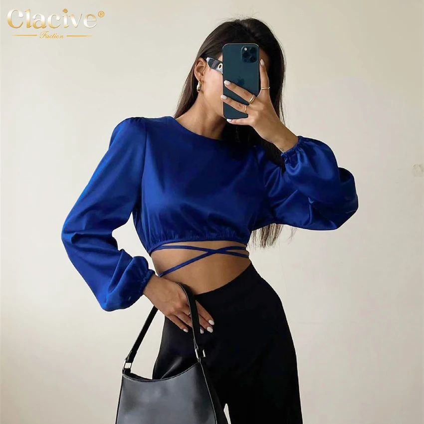 

Clacive O-Neck Blue Spring Summer Blouse Long Sleeve Sexy Backless Crop Top Lace Up Wrap Top Ladies Elegant Women Satin Shirt