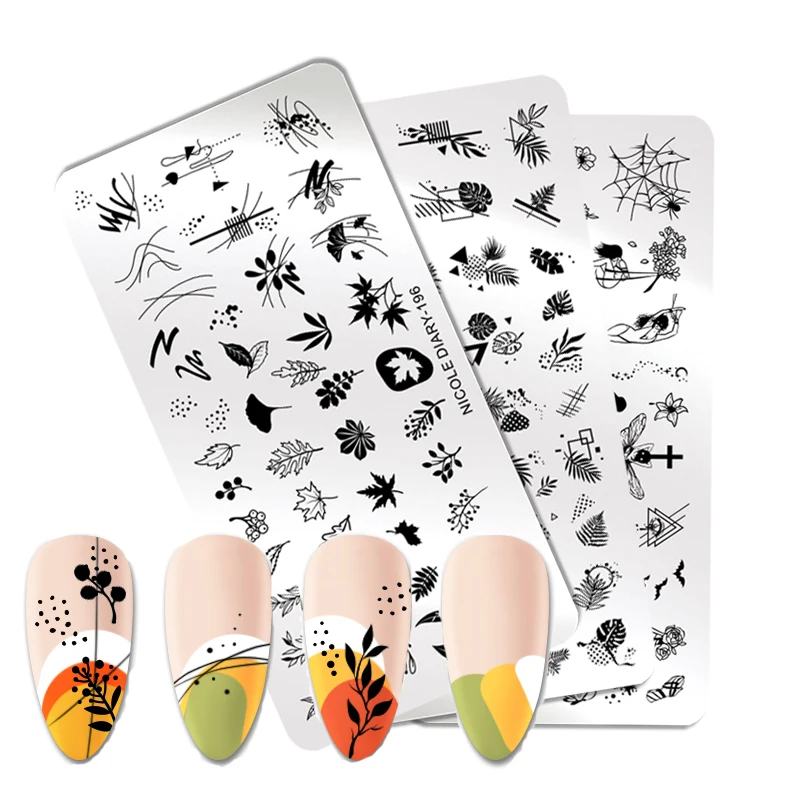 Прямоугольные пластины NICOLE DIARY для стемпинга ногтей осенние листья линейная ось