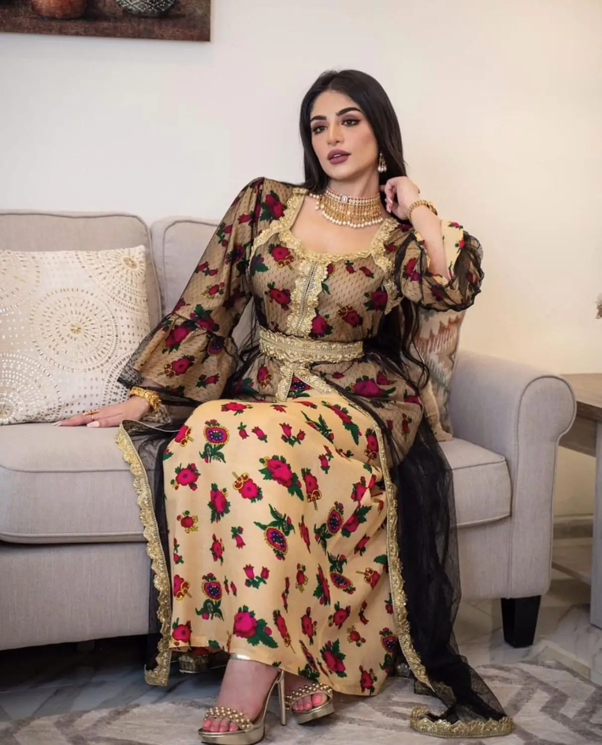 Женское вечернее платье с длинным рукавом кружевной вышивкой и принтом нации