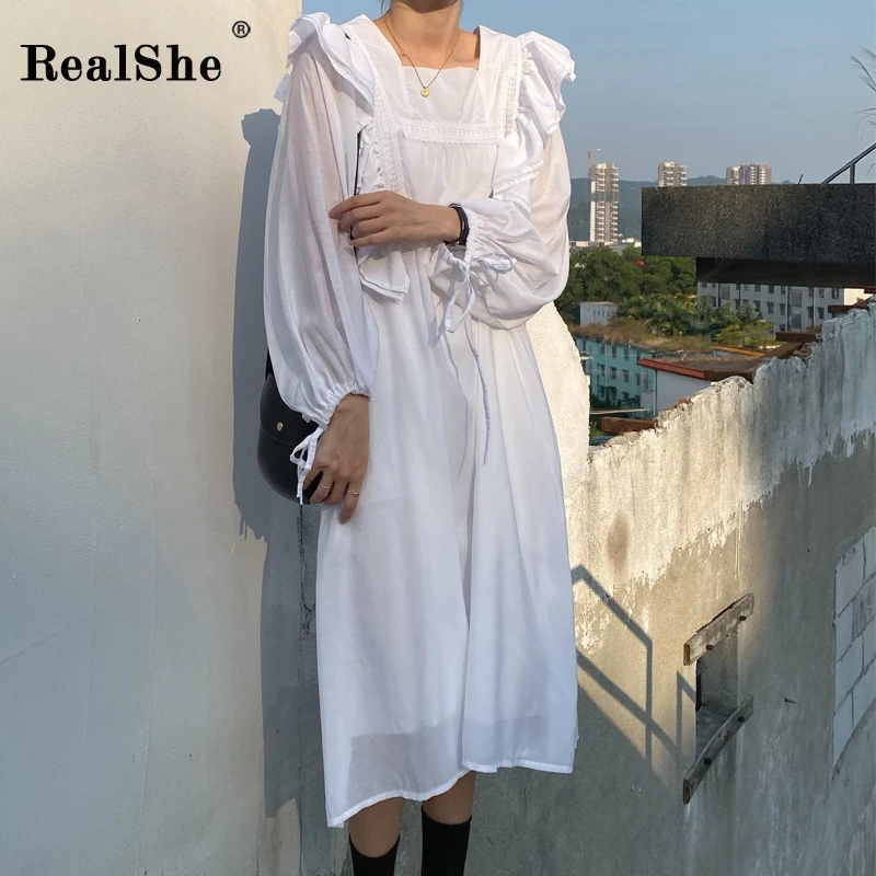 RealShe весеннее женское платье элегантный квадратный вырез рукав фонарик оборки