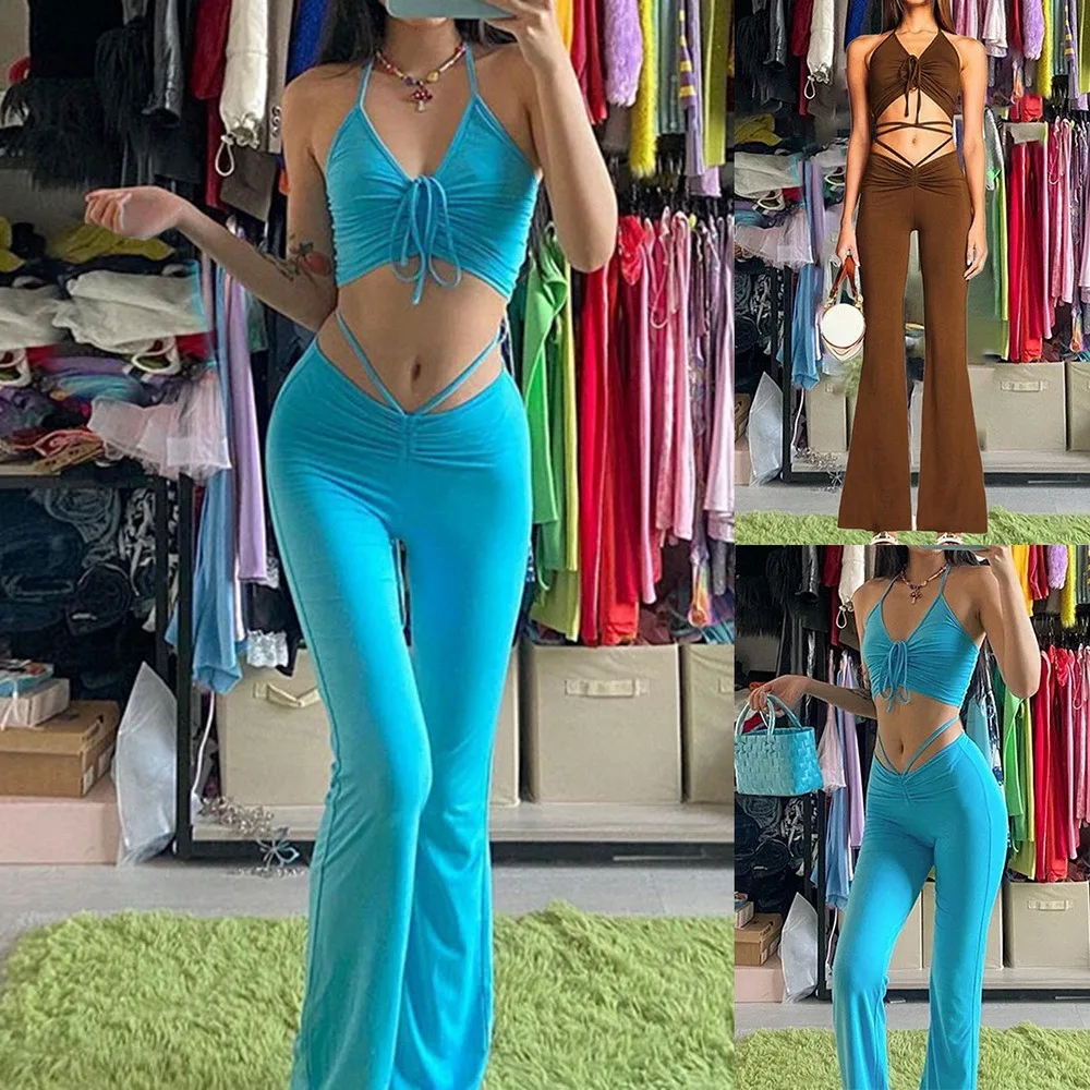 

Y2K Streetwear Sexy Bandage Blue Co-ord Suits 2000s Fashion Drawstring Halter Top and High Waist Flare Pants 2 Piece Set