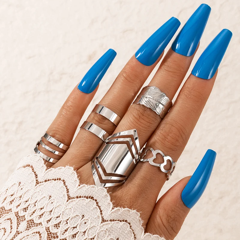 

docona 5pcs/ set Punk Hollow Geometric Open Finger Ring Sets for Women Simple Heart Width Metal Alloy Rings Female Jewelry 2707