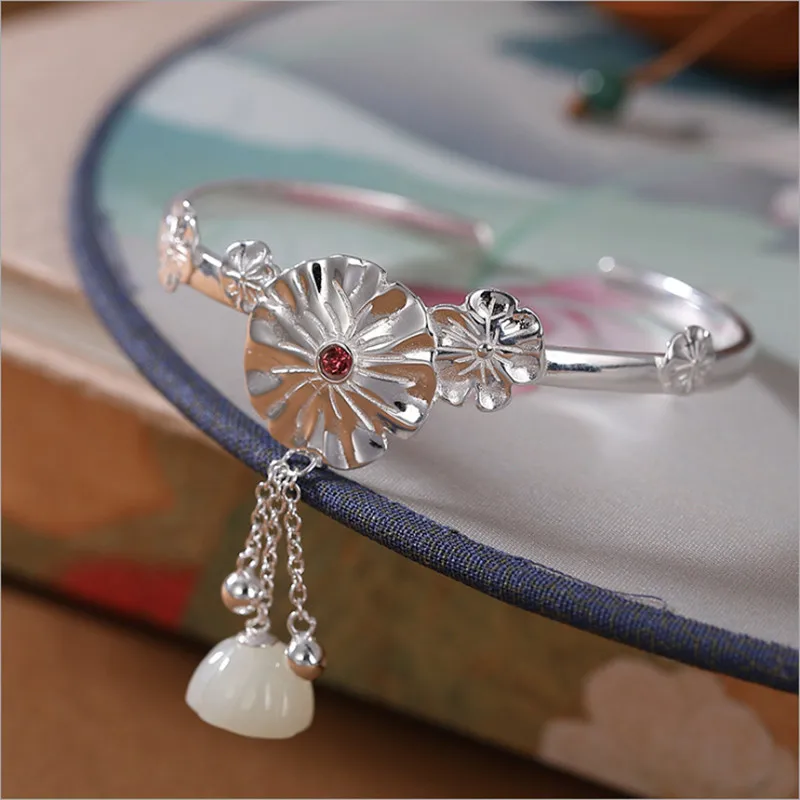 Uglyless Solid 925 пробы серебряные глянцевые листья лотоса Открытые Браслеты для женщин