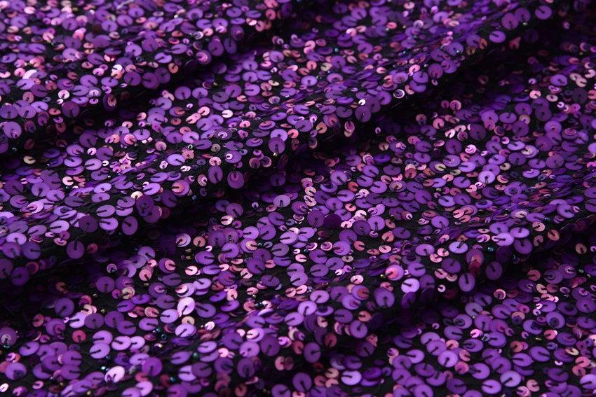 100% Натуральная шелковая ткань из жоржета с фиолетовыми пайетками, украшенная жемчугом, блестящая для модных платьев высокого качества.
