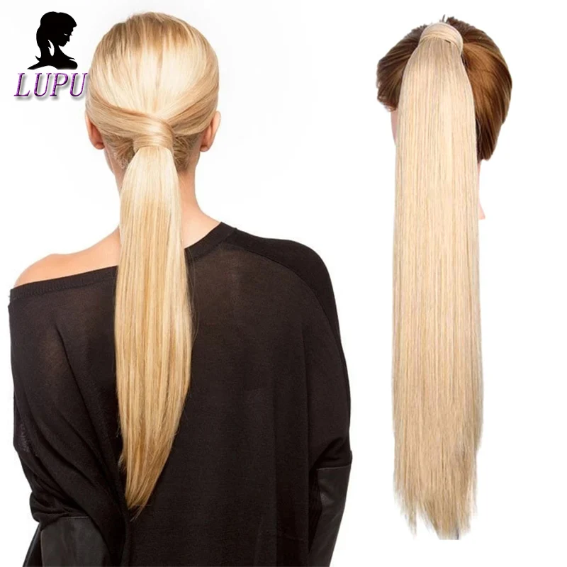 Прямые накладные волосы на заколках с хвостом пони 24 дюйма синтетические