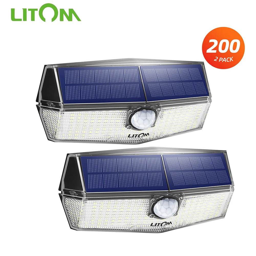 

2 Pack LITOM 200 LEDs Solar Garden Lights LITOM CD210 Wall Lamp with Upgraded PIR Sensor Head IPX7 Waterproof Motion Sensor Lamp