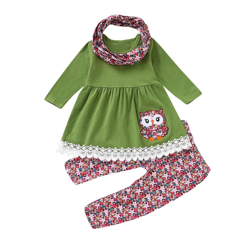 

3pcs Kids Girls Clothes Outfits Cartoon Embroider Owl Dress Floral Pants Scarf Set Outfit Kids Clothing Sets еская дежда