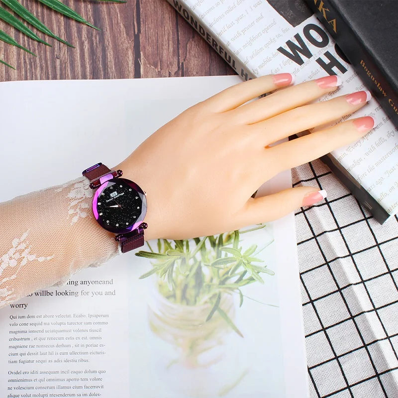 Purple Top Luxury Starry Sky Women Watches Magnet Mesh Band Rhinestones Quartz Wristwatch Ladies Female Diamond Watch relogio feminino - Цвет: Purple