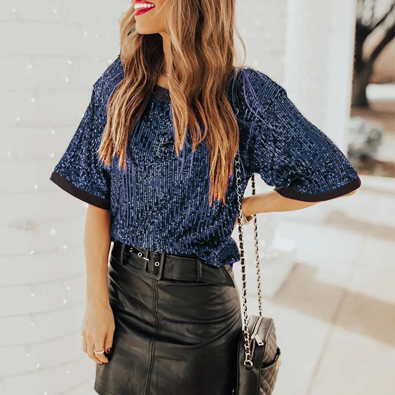 Летние сетки шить Футболка с пайетками свободная темно-синие футболки бисером