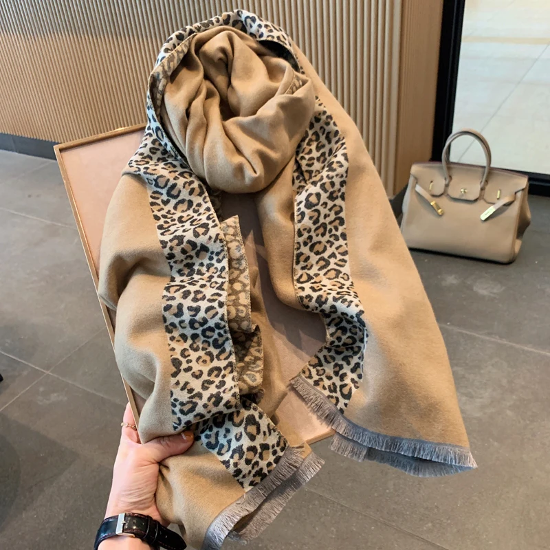 

Scarf women winter wild fashion luxury high quality imitation cashmere warmth female leopard print frayed oversized shawls