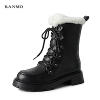 2021 new leather snow boots womens warm plush winter boots womens shoes lace up fashion thick fur ankle boots platform boots