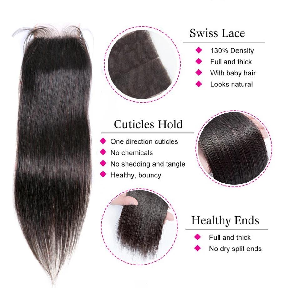 Перуанские прямые пряди волос с закрытием натуральные пучки перуанских