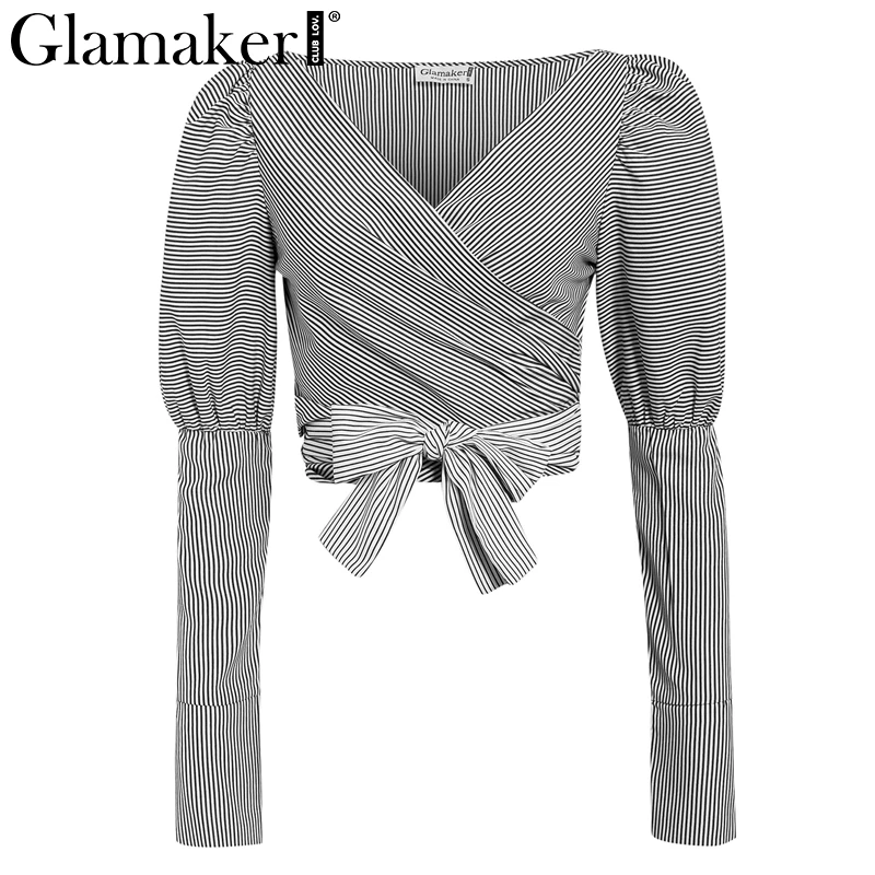 Glamaker Sexy long puff sleeve black blouse shirt Women striped belt crop top Autumn female v neck elegant blusas | Женская одежда