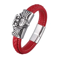 trendy men jewelry owl shape stainless steel magnet clasp red handmade leather bracelet bangles punk male wristband gifts pd0913