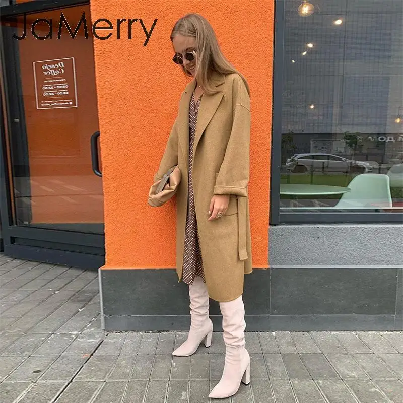 JaMerry элегантная одежда для офиса работы длинный смесь пояса пальто карманы