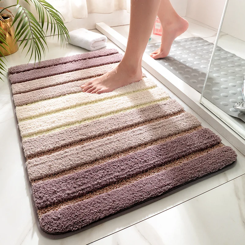 

Simple Striped Microfiber Bath Mat Absorbent and Quick-drying Foot Mat Super Soft Flocking Bath Rug TPR Non-slip Entrance Mat